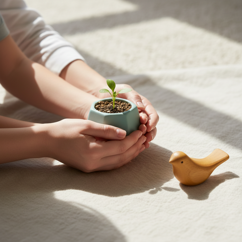 Manos sosteniendo un pequeño brote en una maceta, simbolizando crecimiento y apoyo educativo.