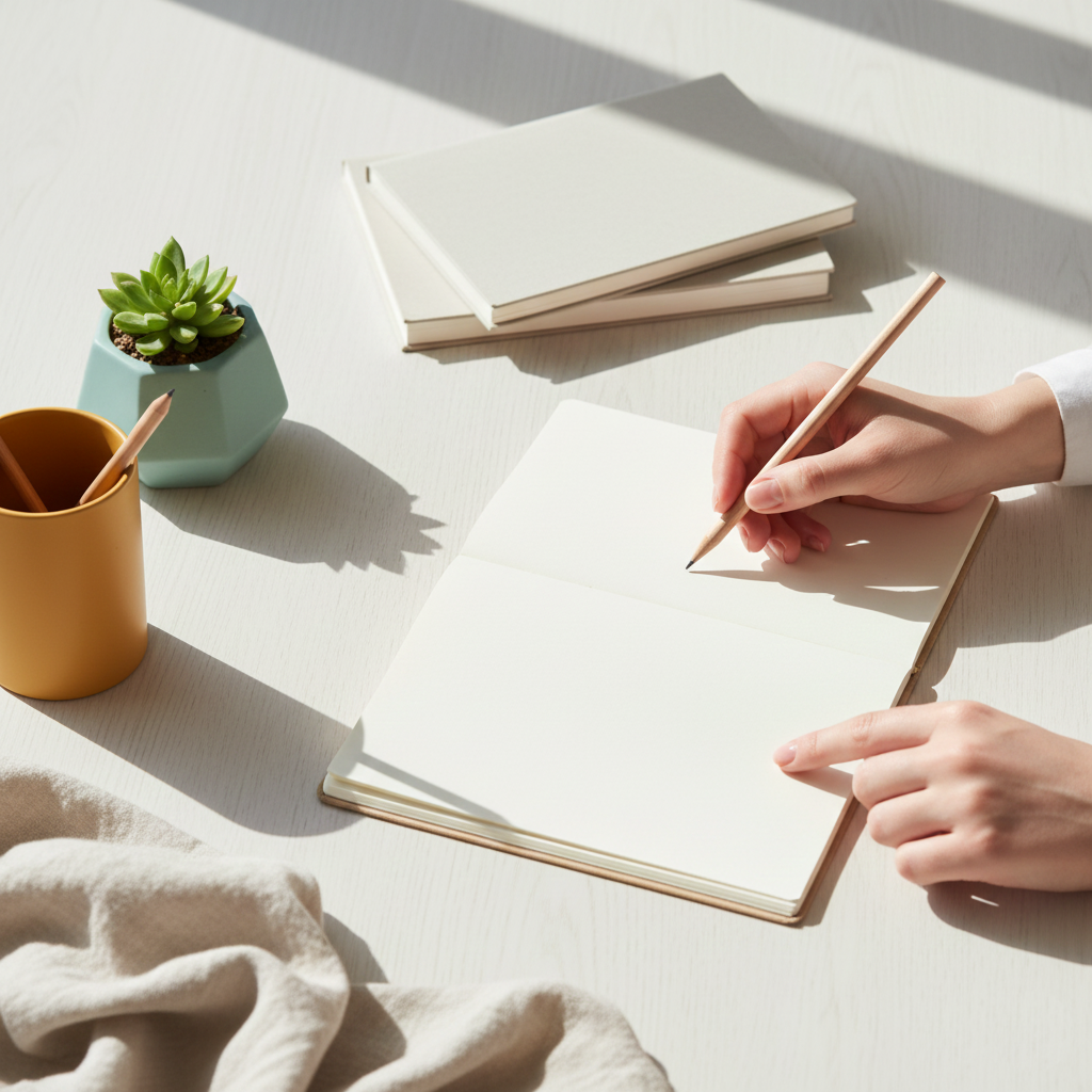 Planta decorativa junto a lápices y cuadernos en un entorno de estudio.