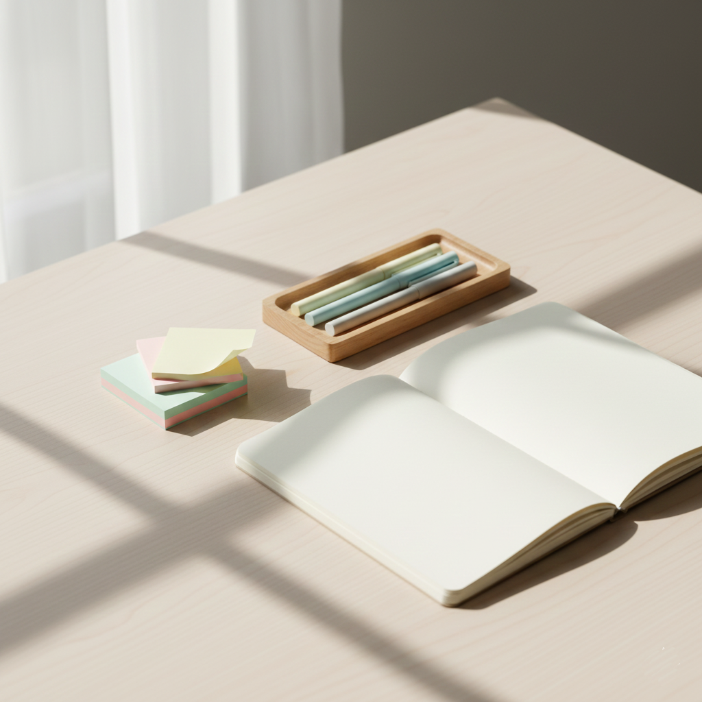 Lápices y notas de colores pastel y libreta en blanco sobre escritorio